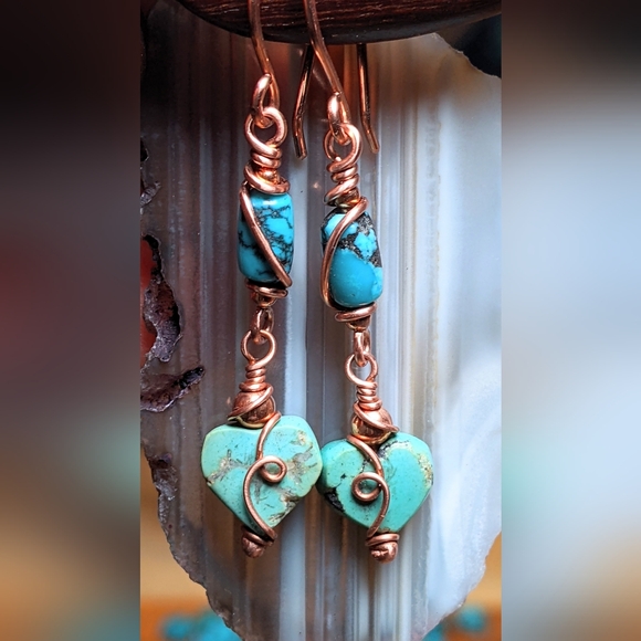 Authentic Turquoise Heart Earrings Copper Wire Wrap Dangle Drop - Picture 4 of 9